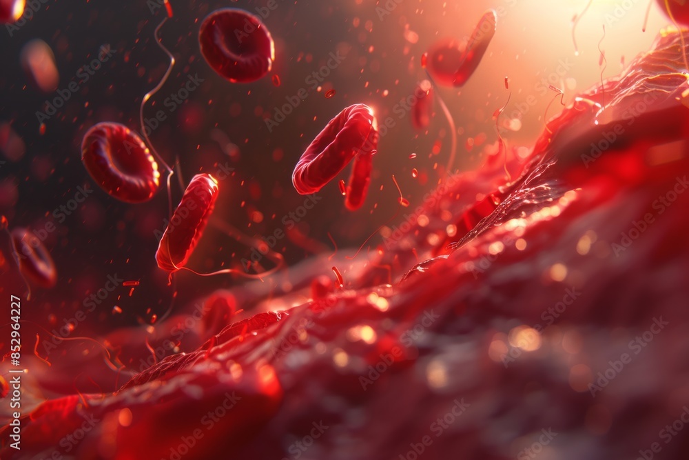 Digital visualization of red blood cells moving efficiently through blood vessels, contributing to overall health and well-being. Digital visualization of red blood cells moving efficiently through blood vessels, contributing to overall health and well-being.