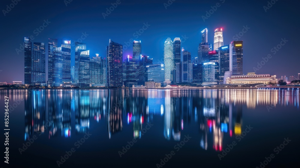 Fototapeta premium Nighttime cityscape skyline at night, illuminated and reflecting on calm waters