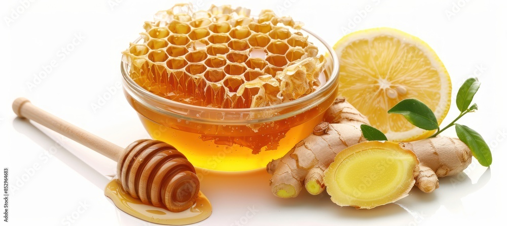 Bowl of honey with honey comb and fresh ginger ,lemon isolated on white background. Generative AI Bowl of honey with honey comb and fresh ginger ,lemon isolated on white background. Generative AI