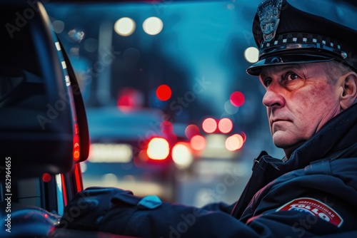 A police officer is sitting in a car. Police officer patrolling streets of city.