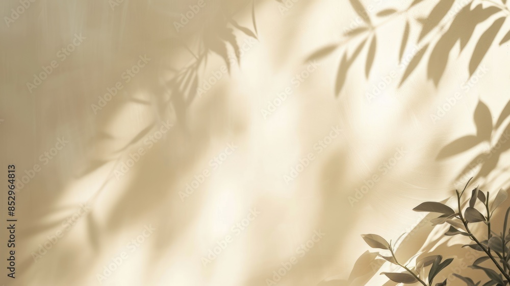 Sunlight casting shadows of leaves on a textured wall. Serene shadows of leaves on a beige wall. Sunlight casting shadows of leaves on a textured wall. Serene shadows of leaves on a beige wall.