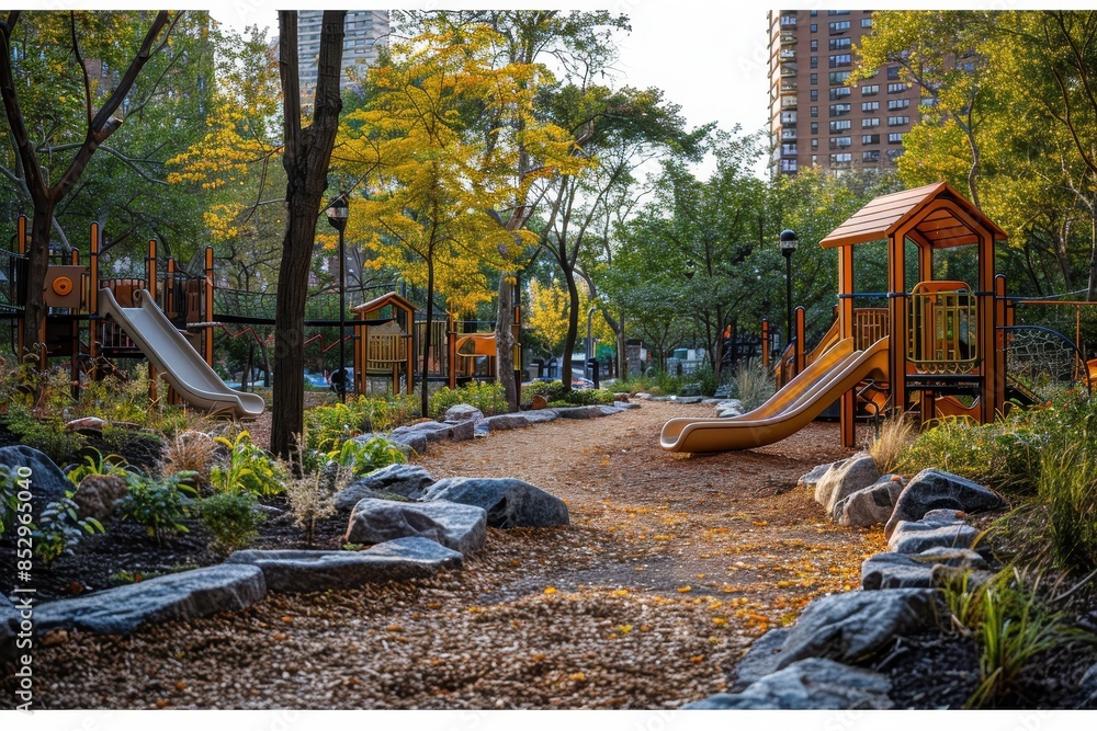 A city park with abundant trees, playgrounds, and walking paths, demonstrating urban green spaces. A city park with abundant trees, playgrounds, and walking paths, demonstrating urban green spaces.