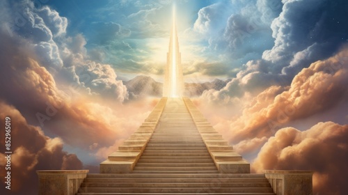 Way to heaven. Stairway through the clouds to the heaven. Concept of enlightenment and spirituality.