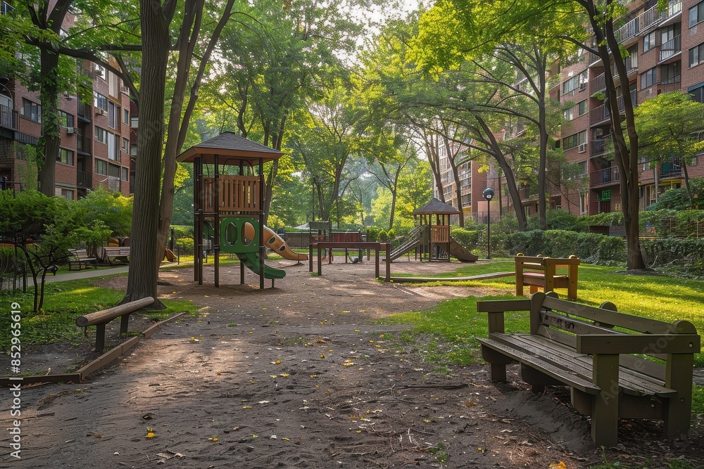 A city park with abundant trees, playgrounds, and walking paths, demonstrating urban green spaces. A city park with abundant trees, playgrounds, and walking paths, demonstrating urban green spaces.