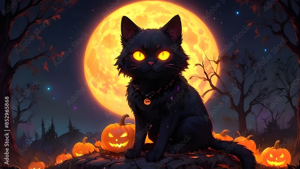 Cute cartoon black cat Template for a greeting card for Halloween, Generative AI Cute cartoon black cat Template for a greeting card for Halloween, Generative AI