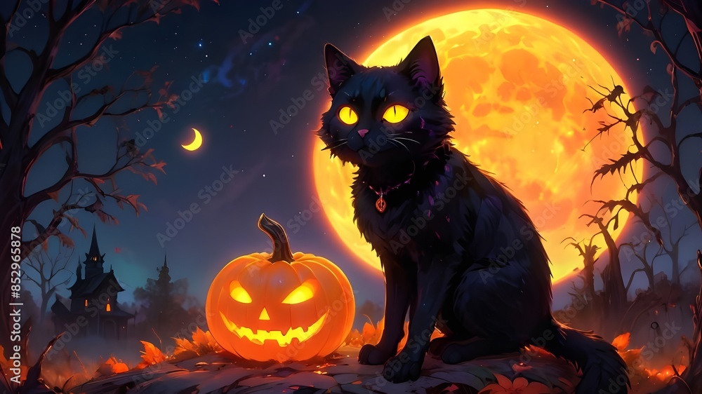 Cute cartoon black cat Template for a greeting card for Halloween, Generative AI Cute cartoon black cat Template for a greeting card for Halloween, Generative AI