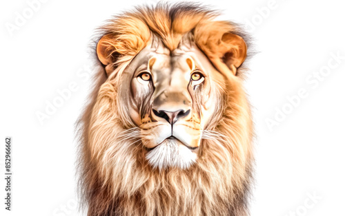 A lion with a long mane and a yellow eye