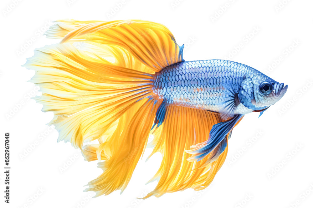 Fototapeta premium A fish with a blue body and yellow tail.