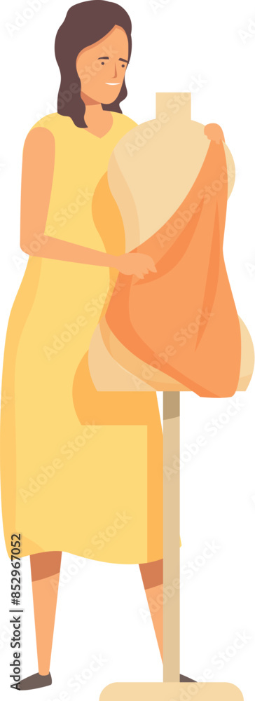 Seamstress is draping orange fabric on a dress form, preparing to create a new dress design Seamstress is draping orange fabric on a dress form, preparing to create a new dress design