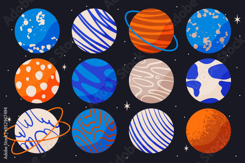Planets in outer space with satellites, falling meteor and asteroids in dark starry sky. Galaxy, cosmos, universe futuristic fantasy view background. Cartoon vector illustration