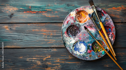 Artist paint brushes and palette on wooden background 