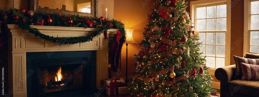Adorned Christmas tree in warm living room ambiance. Adorned Christmas tree in warm living room ambiance.