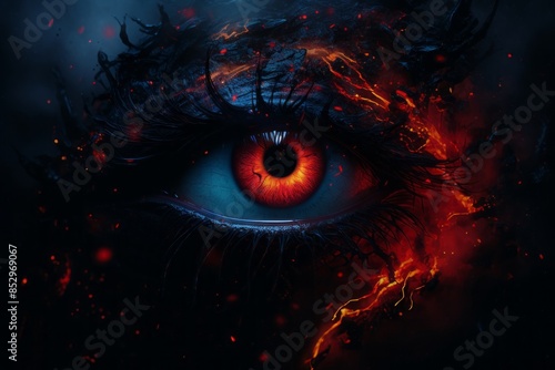an image of an eye with fire and flames on it photo