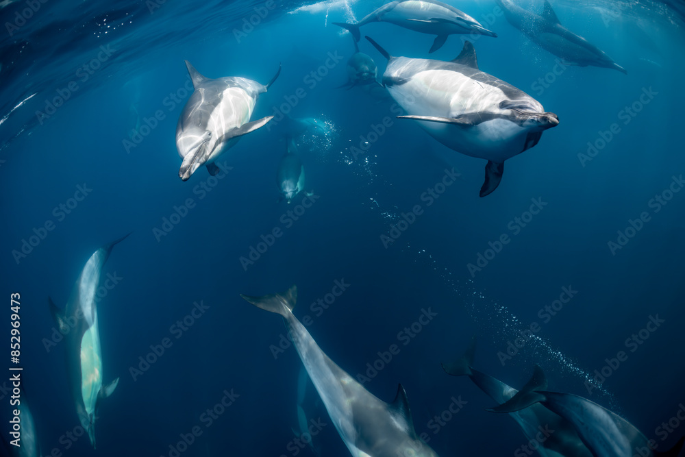 Obraz premium Pod of common dolphins (Delphinus delphis) swimming in the Atlantic Ocean near the Western Cape coast of South Africa
