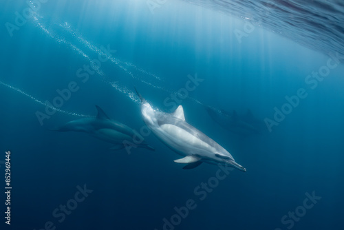 Papier peint Pod of common dolphins (Delphinus delphis) swimming in the Atlantic Ocean near t