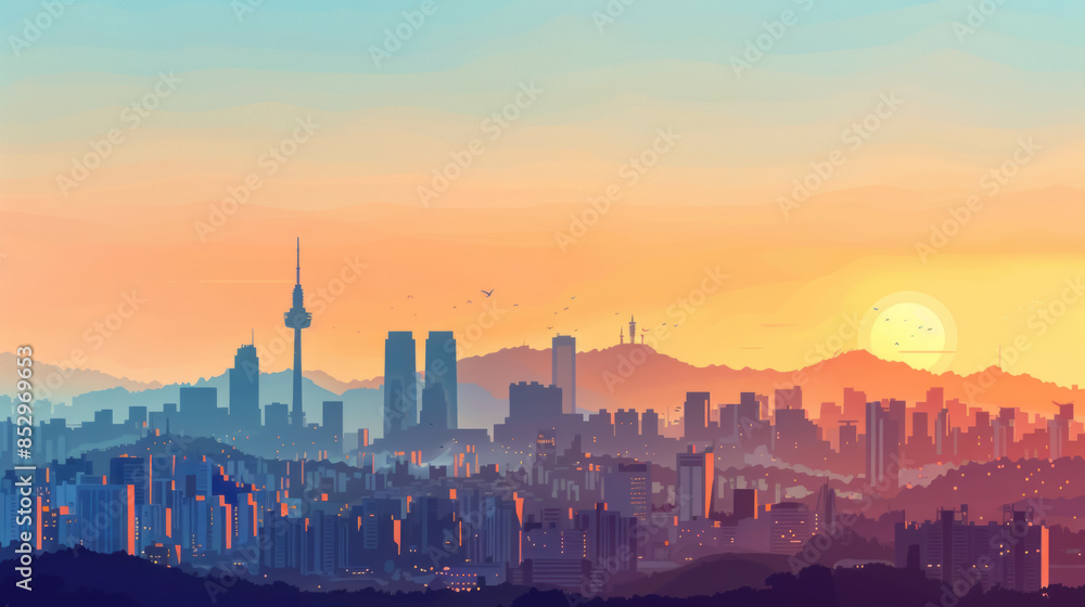 Naklejka premium Seoul skyline a-line art illustration