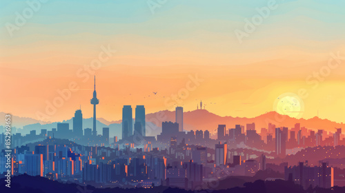 Seoul skyline a-line art illustration