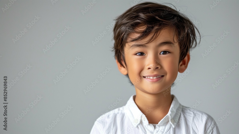 Happy Young Boy with a Bright Smile Against a Clean White Background, Capturing Innocence and Joy in a Minimalistic Setting Happy Young Boy with a Bright Smile Against a Clean White Background, Capturing Innocence and Joy in a Minimalistic Setting