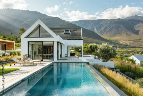 photo of a modern house with a swimming pool in a mountainous area.