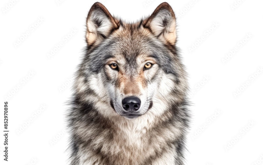 A wolf with a brown and gray coat and a white background