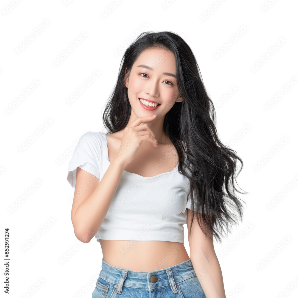 A young woman with long black hair smiles at the camera while standing against a white background. She is wearing a white t-shirt and jeans A young woman with long black hair smiles at the camera while standing against a white background. She is wearing a white t-shirt and jeans