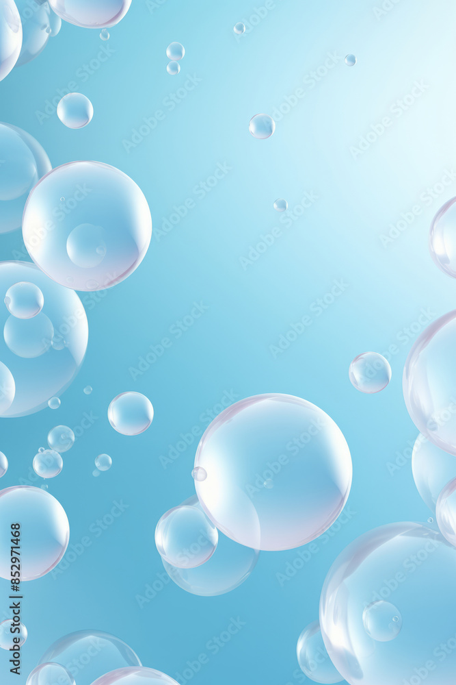 Serene floating soap bubbles on pastel blue background Serene floating soap bubbles on pastel blue background