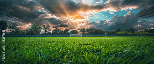 Dramatic Clouds Add A Touch Of Intensity To The Green Grass Of The Soccer Field photo