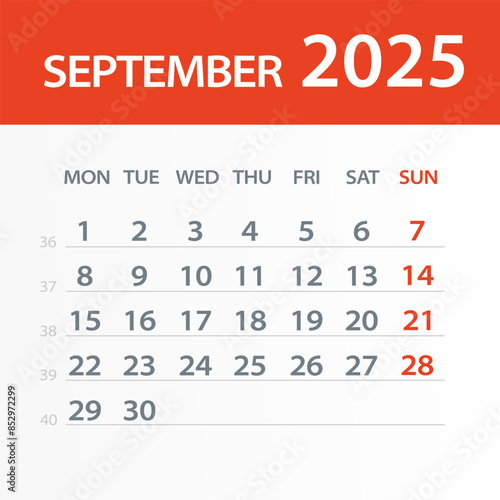 September 2025 Calendar Leaf - Vector Illustration. Week starts on Monday