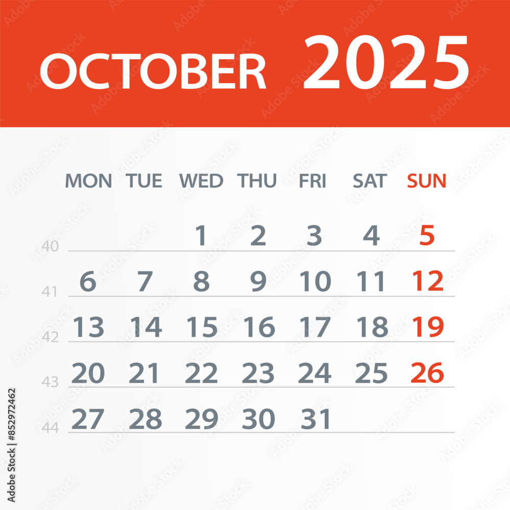 October 2025 Calendar Leaf - Vector Illustration. Week starts on Monday October 2025 Calendar Leaf - Vector Illustration. Week starts on Monday