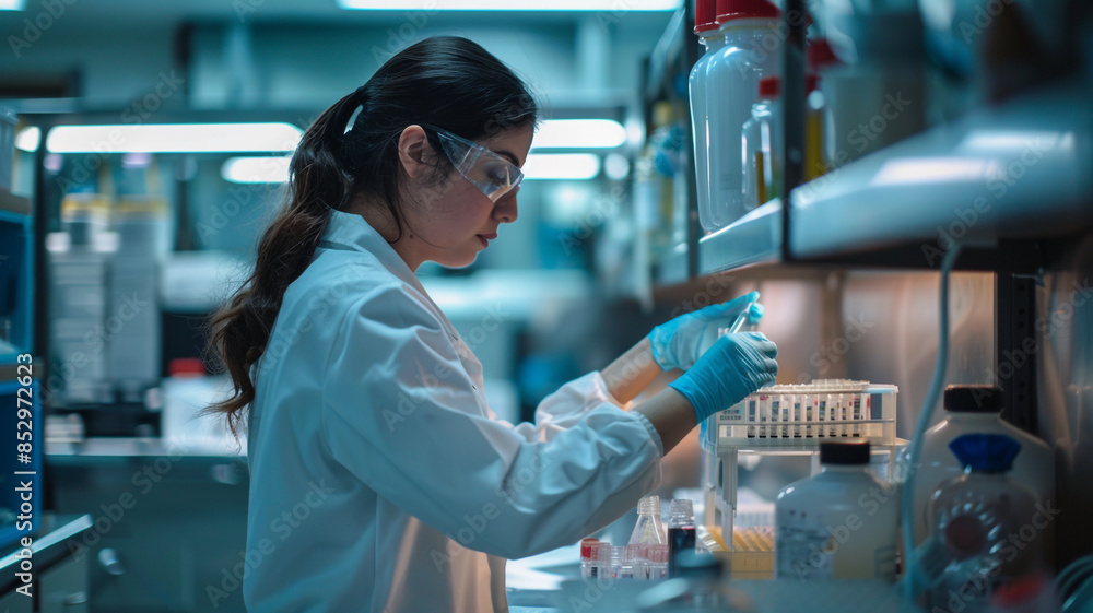 A young woman food safety inspector tests food samples in a high-tech laboratory equipped with state-of-the-art testing facilities and safety protocols. A young woman food safety inspector tests food samples in a high-tech laboratory equipped with state-of-the-art testing facilities and safety protocols.