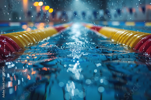 close-up of swimming pool with lane dividers and water reflections, swimming competiton of the olympic games banner concept photo