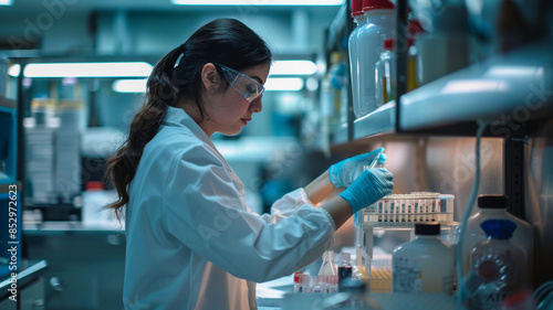 A young woman food safety inspector tests food samples in a high-tech laboratory equipped with state-of-the-art testing facilities and safety protocols.