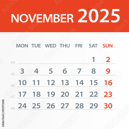 November 2025 Calendar Leaf - Vector Illustration. Week starts on Monday