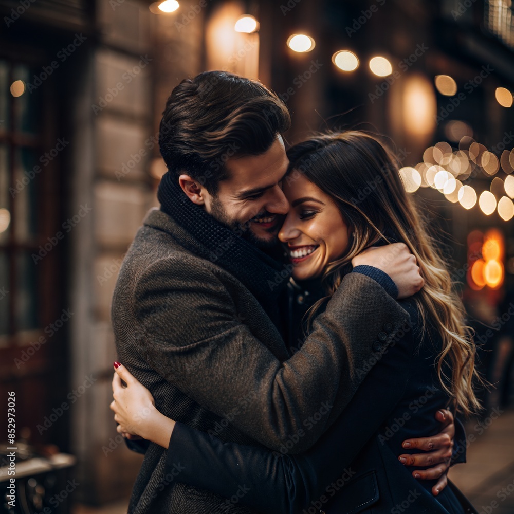 A couple is hugging each other on a street at night A couple is hugging each other on a street at night