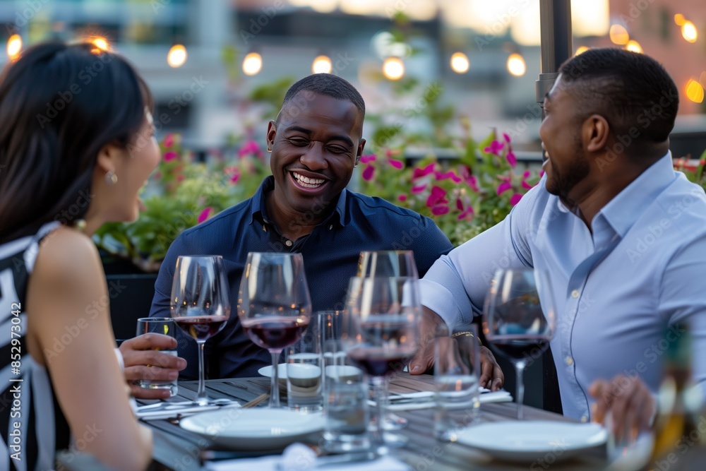 Multiracial Friends Enjoying Rooftop Dinner Party Multiracial Friends Enjoying Rooftop Dinner Party