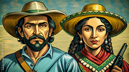 Lampiao and Maria Bonita. Bandits, folk heroes of Brazil. Brazilian cordel style. Northeast woodcut style photo