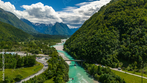 Scenic Aerial View of Soca River and Mountains Near Bovec, Slovenia photo