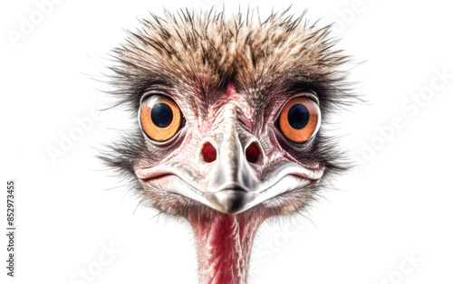 A close up of an ostrich's face with its beak open.