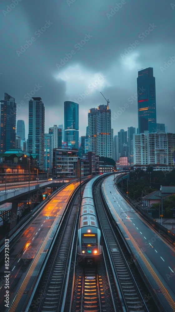 Fototapeta premium Clouds, city skyline, curved and speeding trains, speed, sky, clouds, buildings, colorful clouds, high technology, tourism, journey, home, National Day holiday, New Year, vacation, summer vacation tra