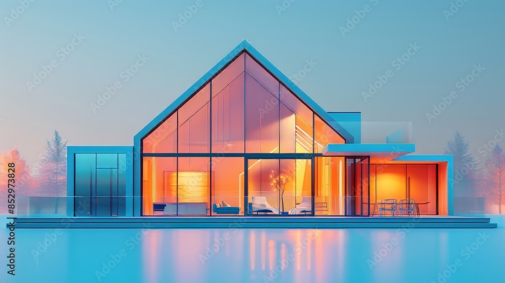 Fototapeta premium Modern House With Large Windows at Dusk