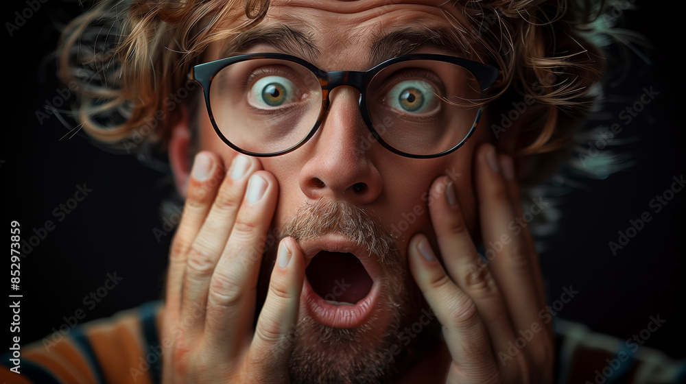 A man with glasses and a beard is making a surprised face. The image has a humorous and lighthearted mood A man with glasses and a beard is making a surprised face. The image has a humorous and lighthearted mood
