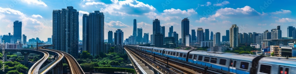 Obraz premium Clouds, city skyline, curved and speeding trains, speed, sky, clouds, buildings, colorful clouds, high technology, tourism, journey, home, National Day holiday, New Year, vacation, summer vacation tra