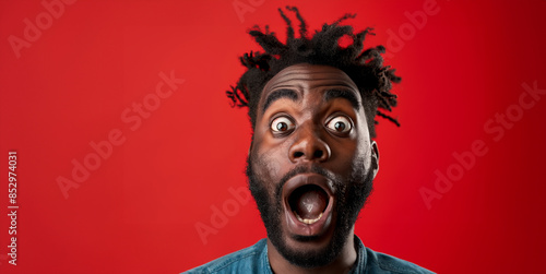 A man with dreadlocks and a beard is looking at the camera with his mouth wide open. The image has a humorous and lighthearted mood