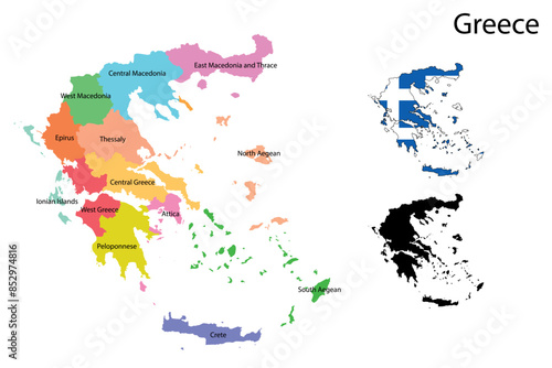Greece administrative divisions. Greece flag and map illustration vector. Districts of Greece 
