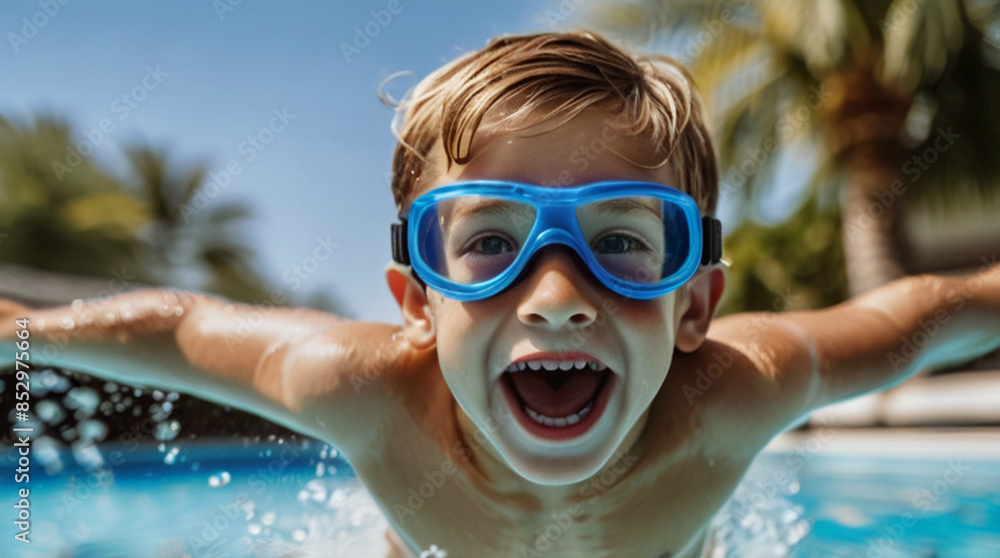 Naklejka premium Child wearing swimming goggles and enjoying hot summer day in the swimming pool