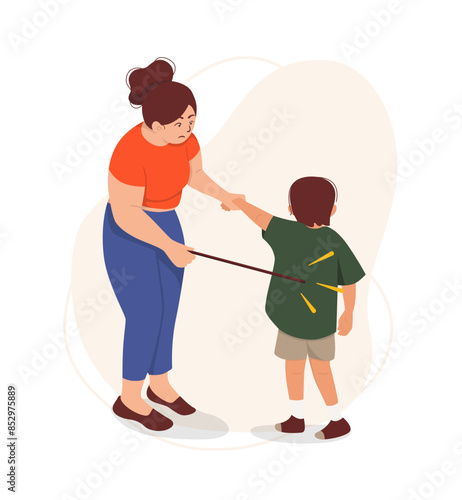 Mom punishing son by hitting with stick
