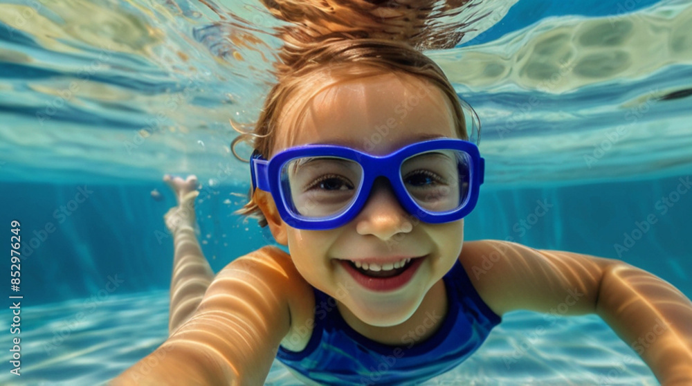 Child wearing swimming goggles and enjoying hot summer day in the swimming pool Child wearing swimming goggles and enjoying hot summer day in the swimming pool
