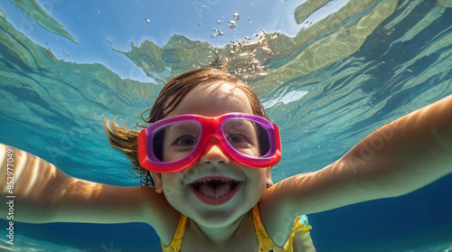 Child wearing swimming goggles and enjoying hot summer day in the swimming pool © triocean