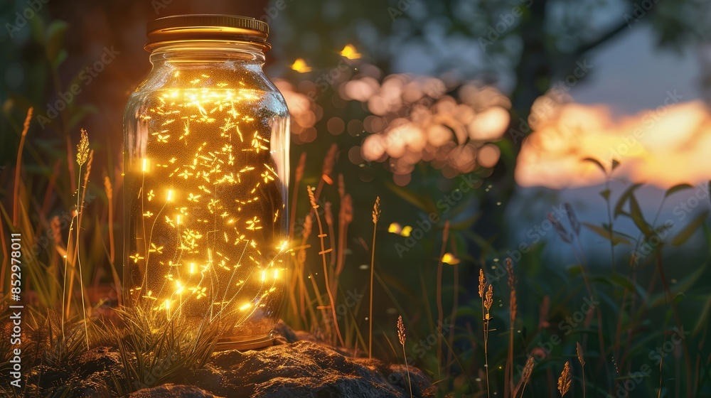 Glowing firefly jar casting warm light Glowing firefly jar casting warm light