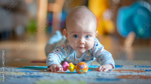 child with toys, wallpaper, fun and skill training at a young age